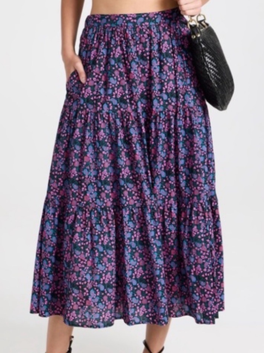 XiRENA Black, Purple and Pink Floral Tiered Maxi Skirt Size XL